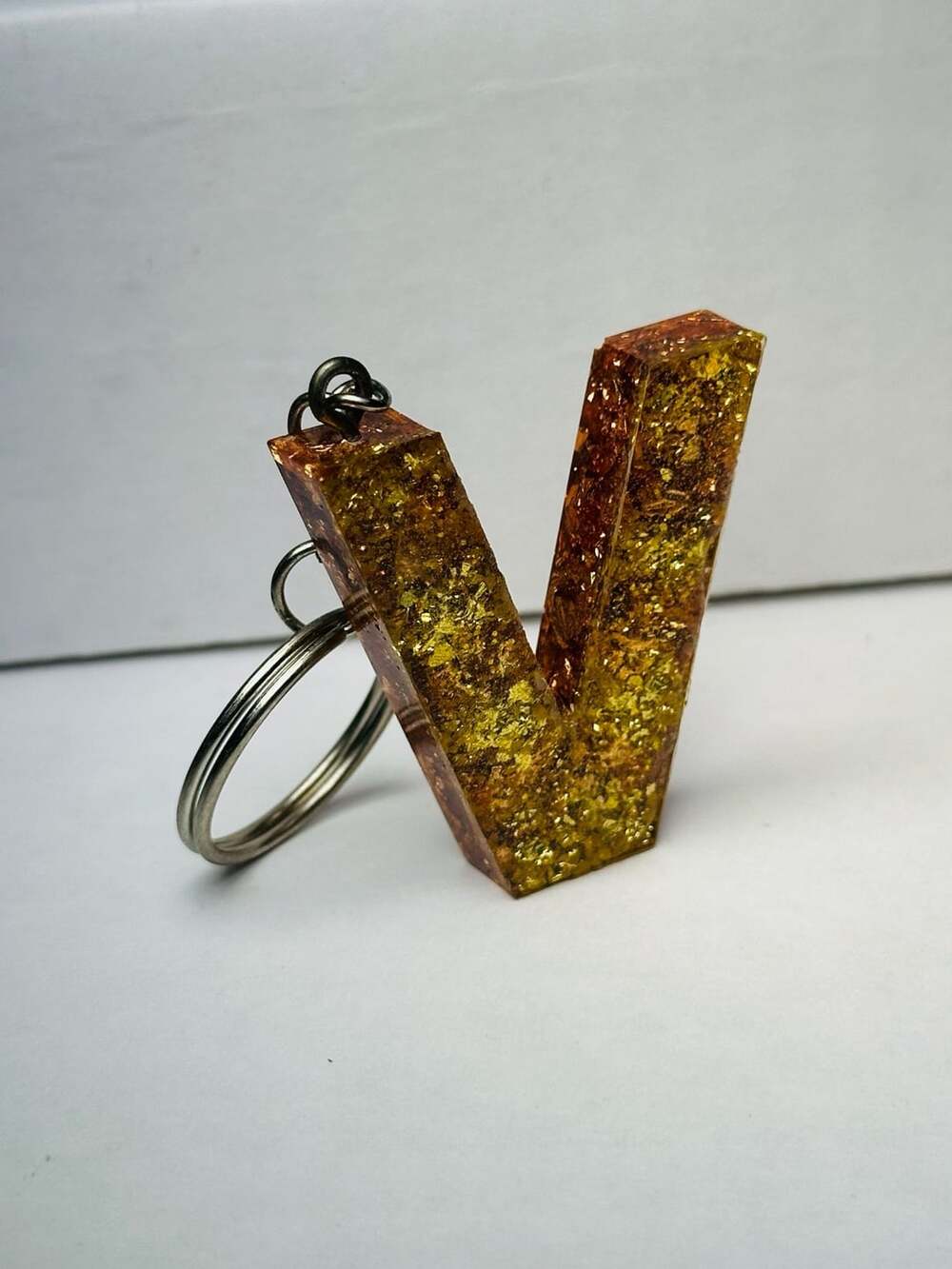 Handmade Resin Initial Letter V Keychain with Gold Flakes